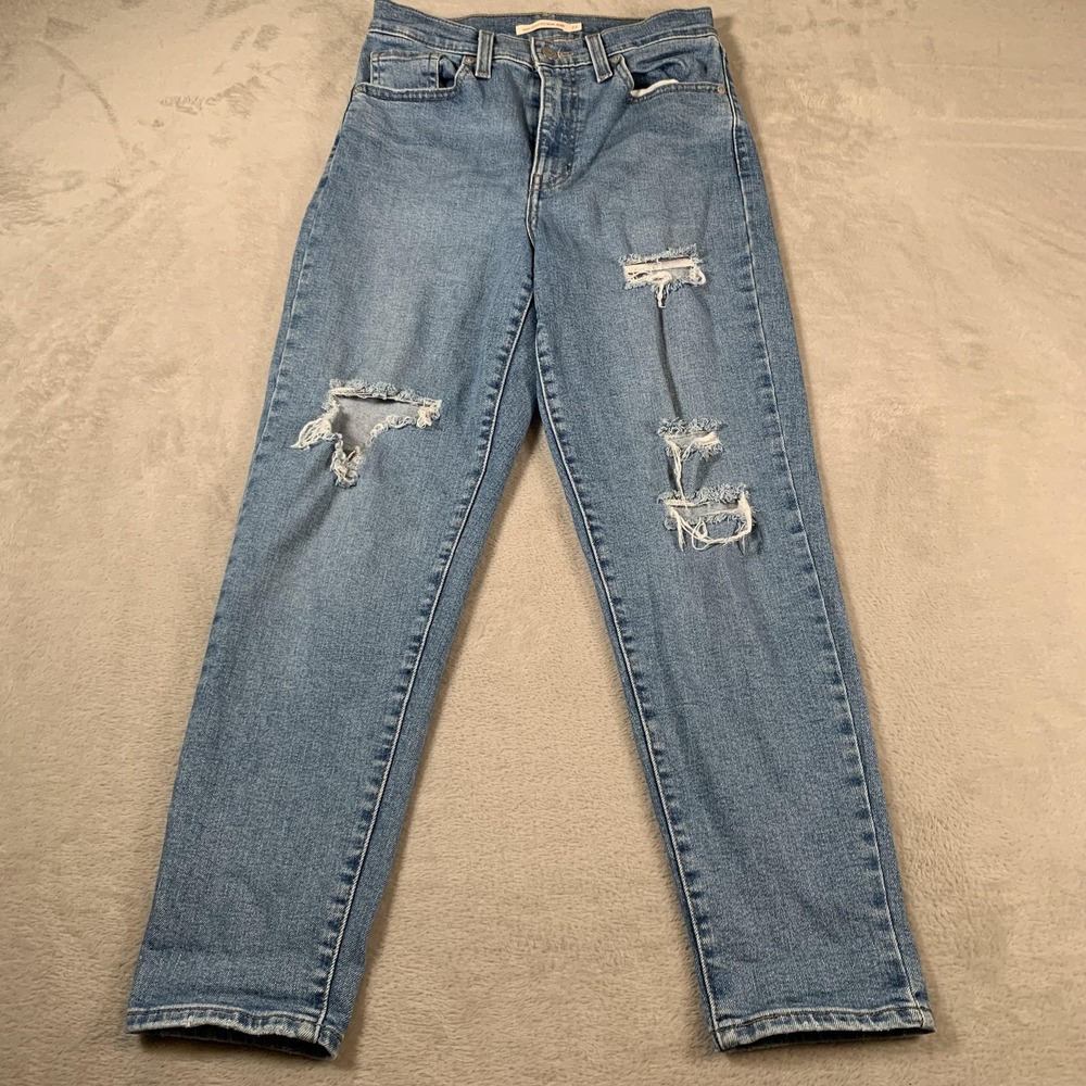 Levis High Waisted Mom Jeans Womens 27 Blue Distressed Ripped Denim Pants
